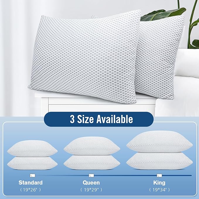 Shredded Memory Foam Pillows, King Size Bed Pillows for Sleeping 2 Pack,Washable Removable Cover,Pillows Suitable for Stomach,Back and Side Sleepers.