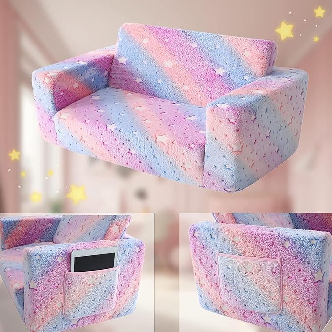 Kids Sofa, Glow in The Dark Toddler Chairs Children's Extra Wide Convertible Sofa to Lounger - Extra Soft 2 Seats 2 in 1 Flip Open Chair & Sleeper, Toddler Couch, Kids Sofa Bed