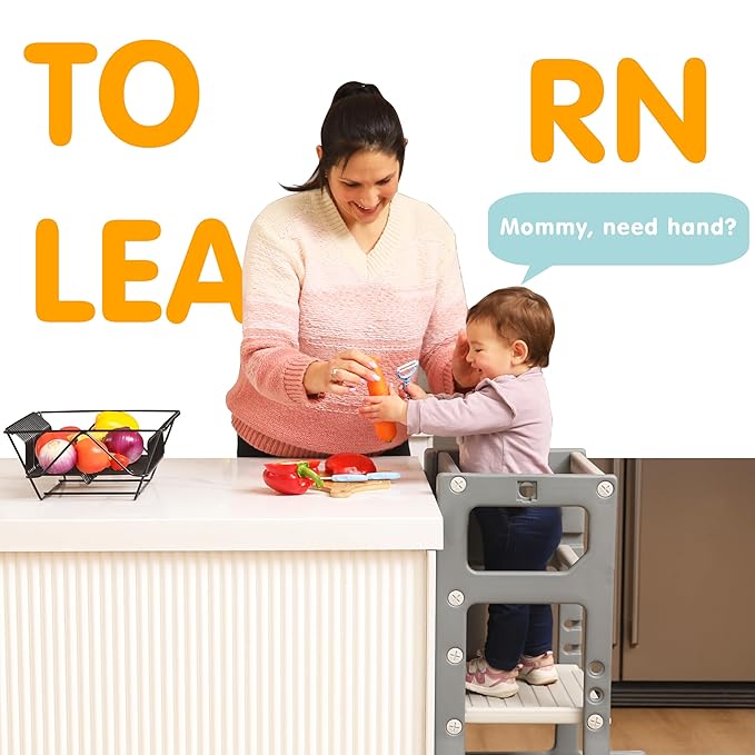 SDADI Mother's Helper Adjustable Height Plastic Kitchen Step Stool for Children, Kids Toddlers Counter Level Learning Stool for Kitchen & Bathroom,Dark Grey and Light Grey