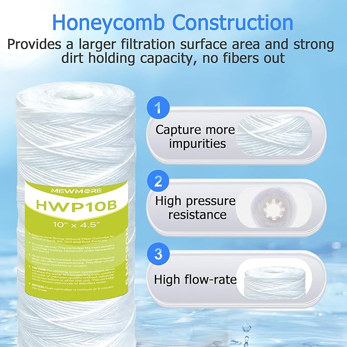 5 Micron Whole House Water Filter Cartridge, String Wound Sediment Filters for Well Water, Replacement for 84637, WPX5BB97P, WP10BB97P, 355215-45 - 10" x 4.5" Cartridges - Pack of 4
