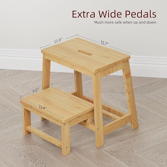 Bamboo Folding Step Stool with Sturdy Structure and Wide Stepping Surface for Safety, Multi-Purpose Foldable Step Stool, Step Ladder for Bathroom,Bedroom,Kitchen Step Stools for Adults 350 lbs