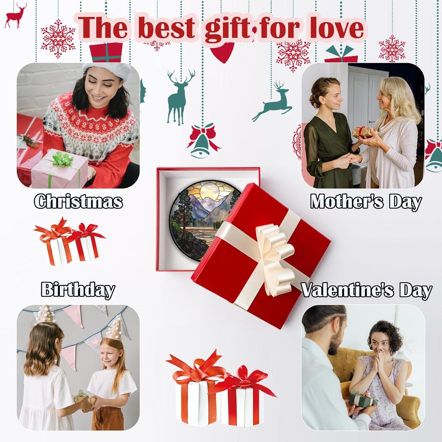 Stained Glass Window Hanging, Sunset Mountains Lake Tree Sun Catcher for Window Home Decor Landscape Suncatcher Mother's Day Birthday Gifts for Women Men Mom and Nana 9.8 in