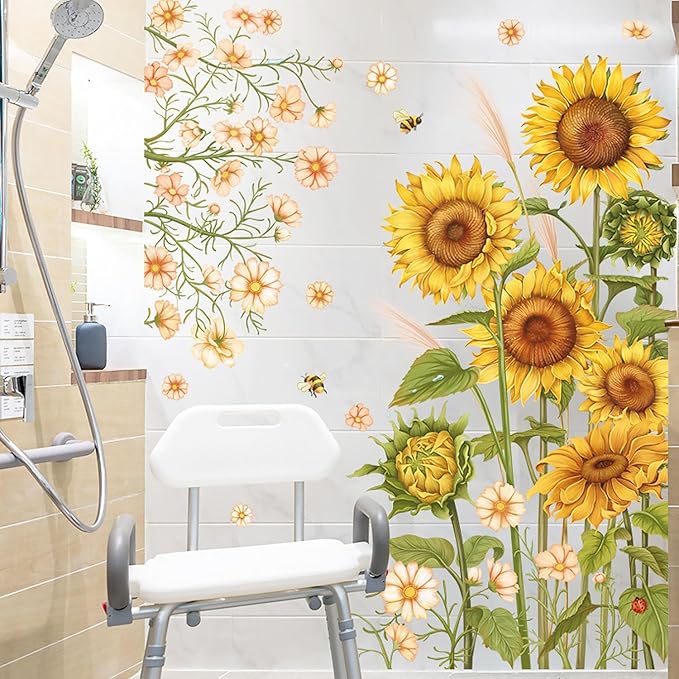 Large Sunflower Wall Decals Garden Flowers Butterfly Wall Stickers Green Leaves Floral Wall Art for Bedroom Bathoom Kids Wall Decor