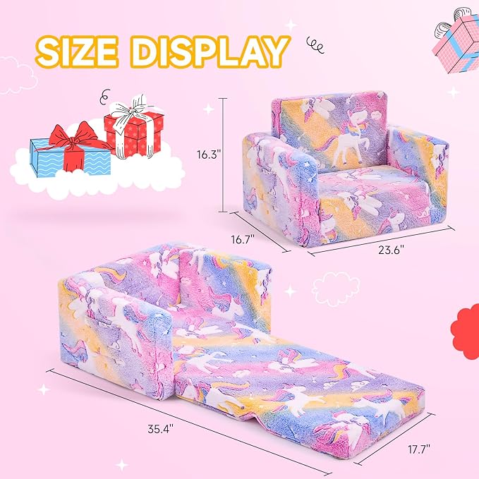 Toddler Chair, Toddler Couch, Kids Couch, Kids Sofa Chair 2 in 1, Comfy Toddler Chair Folding Out for Girls, Glow in The Dark Extra Soft Open Couch for Playroom, Gifts for Kids, Pink Unicorn