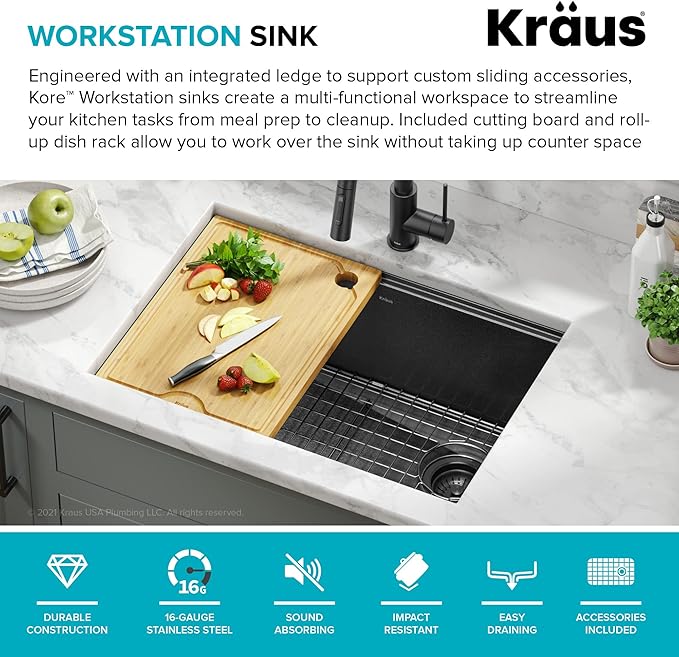 KRAUS Kore 27 Inch Undermount Workstation 16 Gauge Stainless Steel Single Bowl Kitchen Sink with Accessories in PVD Gunmetal Finish with Accessories, KWU110-27-PGM