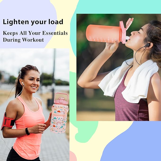 64 oz Water Bottle with Straw Sleeve & Strap Motivational Half Gallon Water Jug with Handle for Gym Women Men Aesthetic Water Bottle with Strap Mushroom Pink