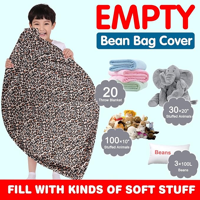Lukeight Stuffed Animal Storage Bean Bag Chair Cover for Kids, Zipper Beanbag Chair Cover for Organizing Toddler and Kids' Rooms Plush Toys (Leopard Velvet, XX-Large)