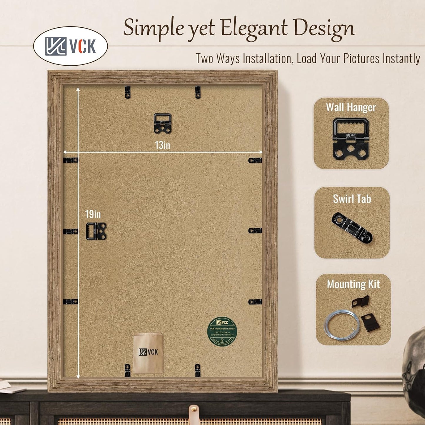 VCK 13x19 Picture Frame 3 Pack - Brown Walnut, Natural Textured Solid Wood Frame, Wall Gallery Frame