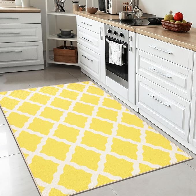 Machine Washable Moroccan Trellis Design Non-Slip Rubberback 3x5 Traditional Indoor Area Rug for Living Room, Bedroom, Kitchen, 3'3" x 5', Yellow