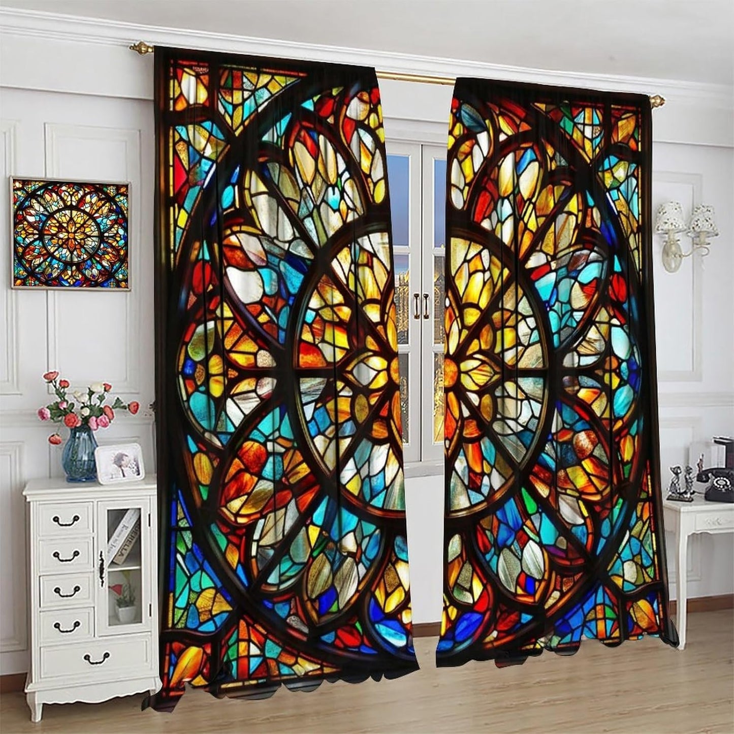 Stained Glass Curtains,Retro Mid Century Abstract Colorful Geometric Prints Home Decor Drapes for Bedroom Living Room Kitchen Window Treatment 2 Panels Set Total Size 42" W X 45" L Inch