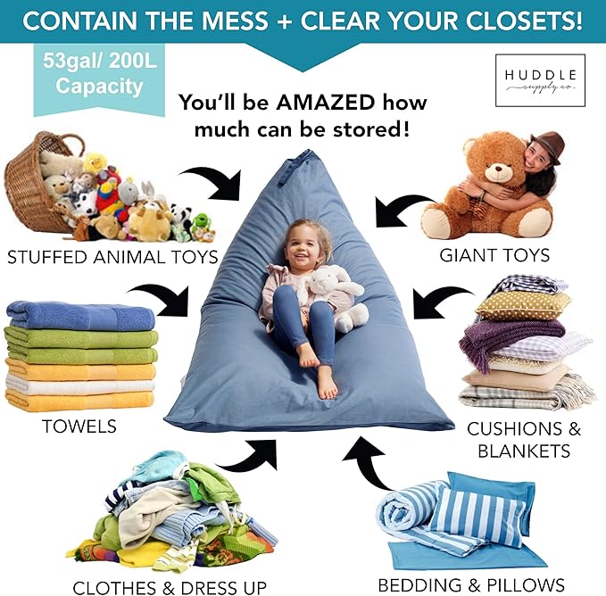 Stuffed Animal Bean Bag Storage - Machine Washable Bean Bag Chair for Kids - Extra Large Cover for Stuffing with Plush Toys, Pillows, Soft Items - Stuffed Animal Holder for Boys & Girls - Blue Denim