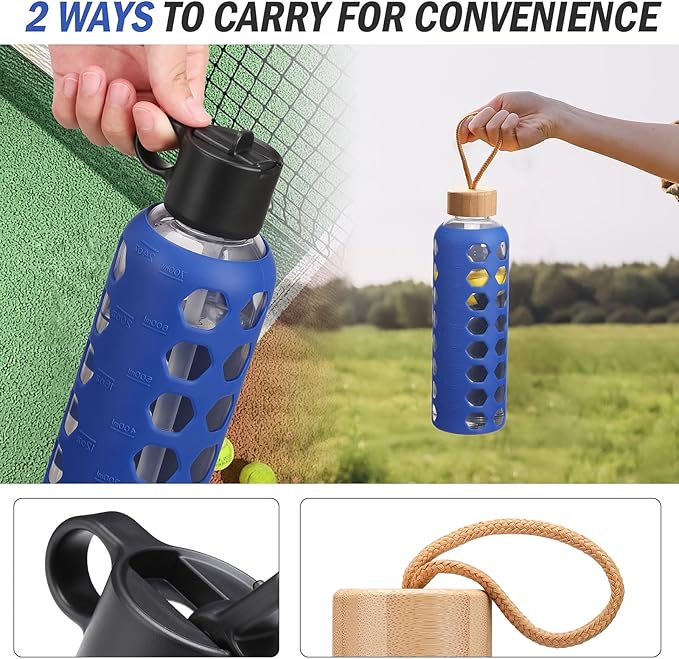 MUKOKO Glass Water Bottles, 32oz Glass Tumbler, Drinking Bottles with 2 Lids-Handle Flip Straw Lid&Bamboo Lid, Motivational Water Bottle with Time Marker and Silicone Sleeve, Leakproof-1 Pack-Blue