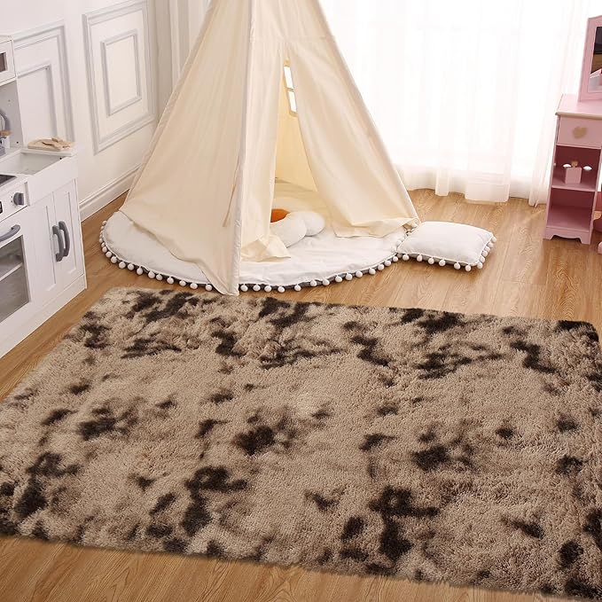 Fluffy Rug for Bedroom, Abstract Shaggy Soft Area Rugs for Living Room Nursery Kids Room, Non Slip Plush Throw Rug, Indoor Modern Floor Carpets for Dorm Office Kitchen, 5' x 8', Tie-dyed Brown