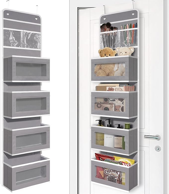 Heavy Duty Over Door Organizer, Wall Mount Hanging Organizer Storage with 4 Large Capacity Pockets, Closet Bathroom Nursery Bedroom Dorm, Toys Cosmetics Sundries and Baby Essentials, Gray