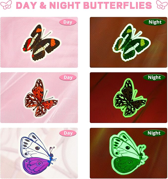 South to East Bed Canopy for Girls with Glowing Butterfly in The Dark, Beige Princess Bed Curtains for Girls Bed, Kids Bed & Toddler Bed, Twin, Full & Queen Bed, Mosquito Net Canopy for Girls Bedroom