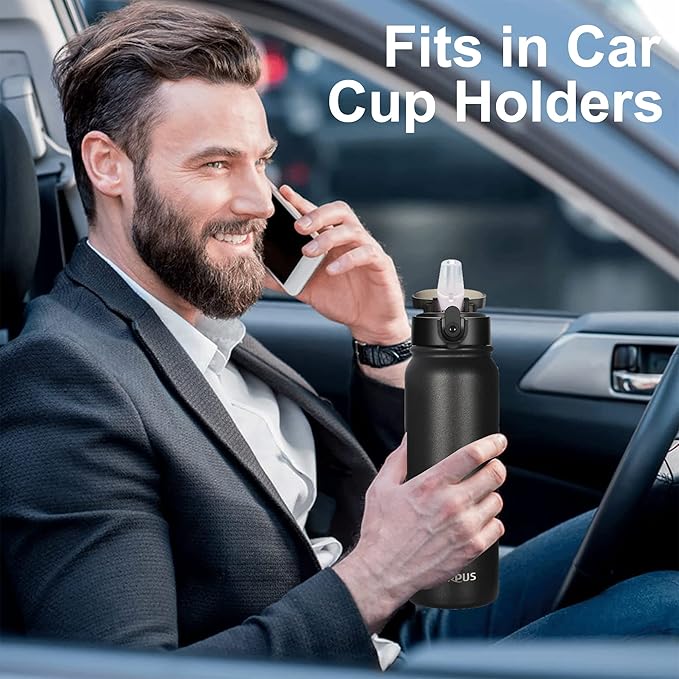 GOPPUS 20oz Insulated Stainless Steel Water Bottle with Straw Lid Reusable Leakproof Water Flask, Keeps Hot and Cold Sports Canteen Water Bottles for Kids Men Women Gym （Black 1 Lid）