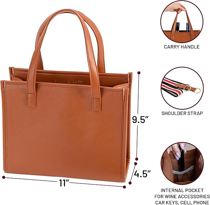 FIORI & ROSSI PU Leather Wine Bottle Carrier Bag - Insulated Wine Bag to Store & Carry up to 3 Bottles for Travel, Picnics & Parties - Wine Tote Bag Buckle & Zipper Closure Sleeve Dividers - Brown
