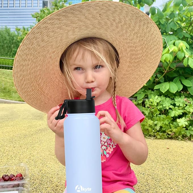 Sports Stainless Steel Water Bottle with Straw, Spout lid-32OZ -Wide Mouth Vacuum Insulated Thermos Water Bottles, Keep Water Cold/Hot, Metal Water Bottle for Biking Hiking (Light Blue, 32OZ)