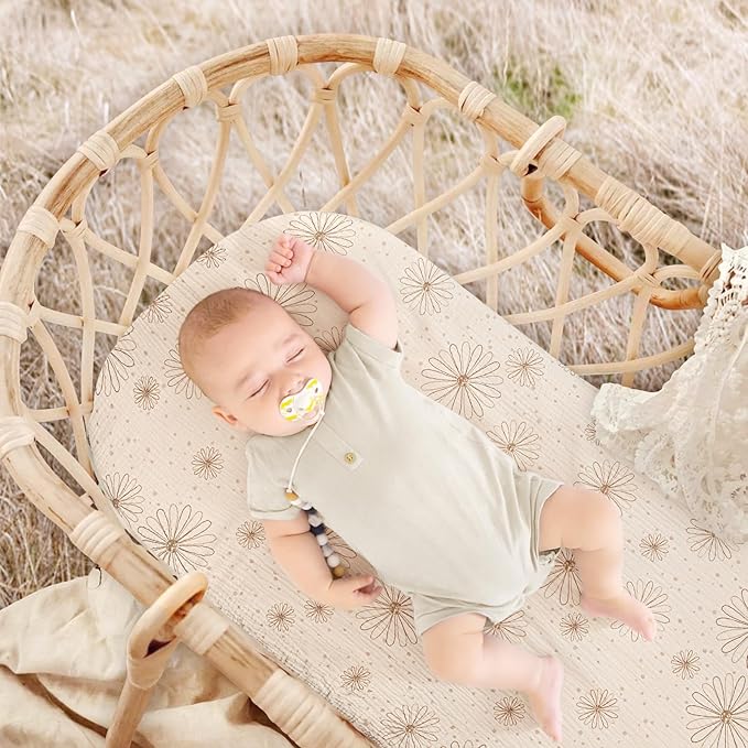 Muslin Bassinet Sheets Baby: Cotton Bassinet Sheets Fitted for Boys and Girls - Bassinet Sheets for Oval Rectangle or Hourglass Mattress(Sand Daisy)