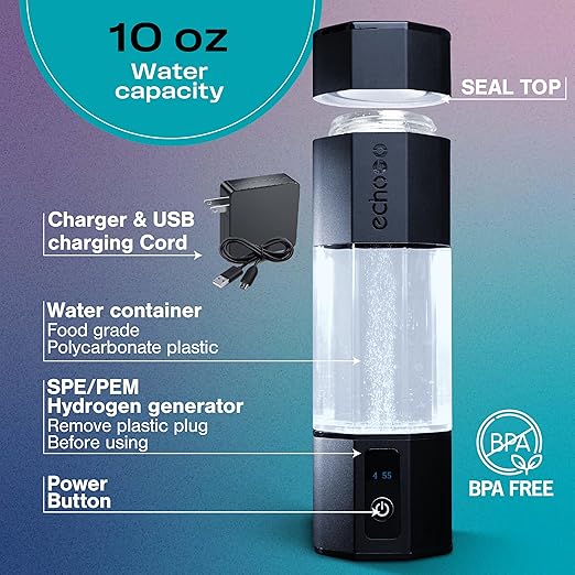Echo Go+ Hydrogen Water Bottle - Water Ionizer Up to 4.5PPM - SPE & PEM Hydrogen Water Generator - Gary Brecka Recommended - Alternative to Hydrogen Water Pitcher - Black Hydrogenated Water Bottle