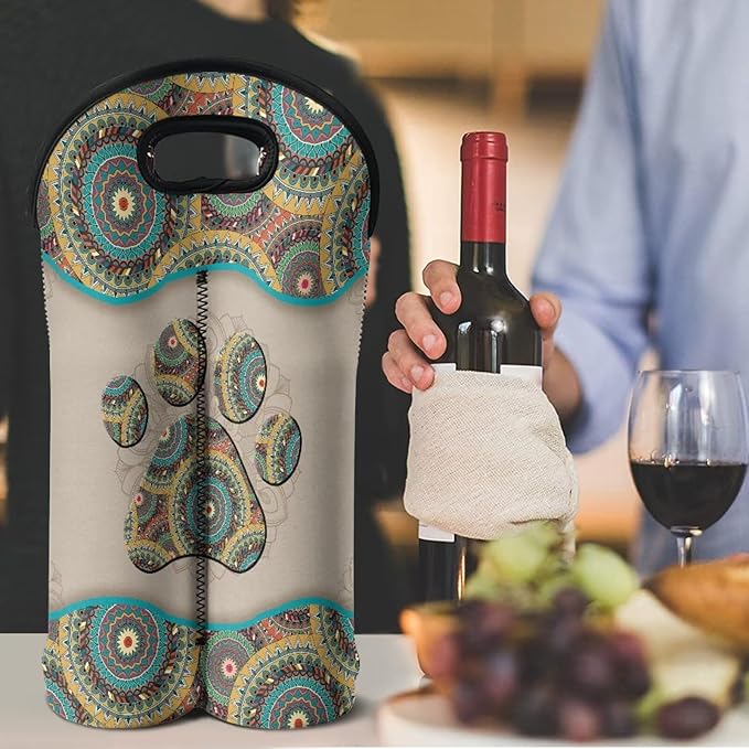 doginthehole Boho Dog Paw Print Wine Carrier Travel Bag 2 Bottle Wine Tote Portable Neoprene Champagne/Water Bottle/Beer/Drinks Carrying Bag for Travel, Picnic, Party