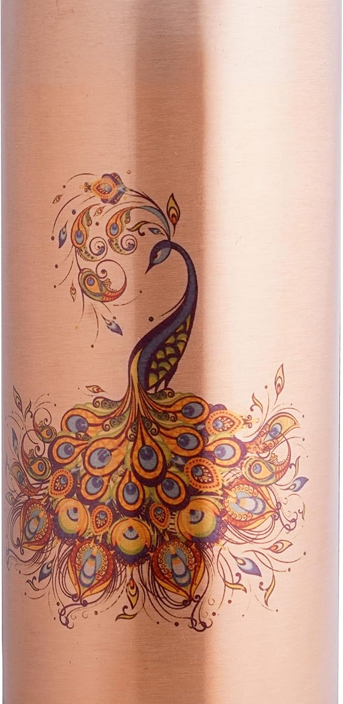 Pure Copper Water Bottle 30 oz 900 ml Leak Proof 100% Ayurvedic Copper Bottle for Drinking - Drink More Water in Peacock Print Copper Bottle