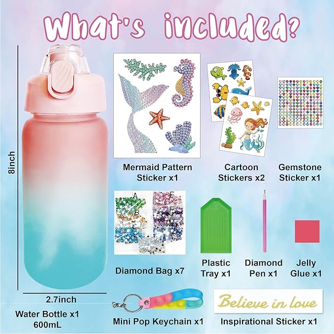 Decorate Your Own Water Bottle Kits,Fun Arts and Crafts Gifts for Girls Age 4-6-8-10,Mermaid Painting Crafts Toys for Girls Birthday