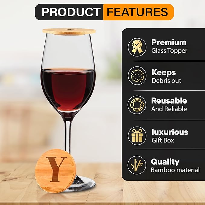 Personalized Wine Glass Charcuterie Topper - Custom Laser Engraved Initial Bamboo Wine Glass Topper Stopper Coasters Plate ID Identification Wine Glass Charcuterie Board Topper (Letter Y)