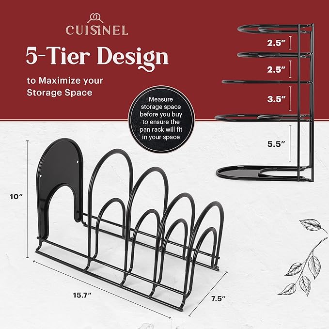 Cuisinel Pan Organizer - Silicone-Coated Non-Slip 15" Heavy Duty Skillet Rack - Kitchen Counter/Cabinet Organization Storage - Cookie Sheet, Cutting Board, Cast Iron Cookware, Pots, Lid Stand/Holder