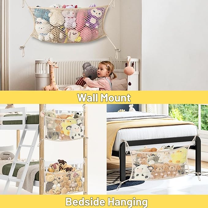 Stuffed Animal Storage Net for Kids, Bedside Toy Organizer Net - Neatly Store Your Stuffed Animals, 2 Pack Cotton Bedside Stuffed Animal Storage Net with Tether, Stretches up to 32 Inches, Beige