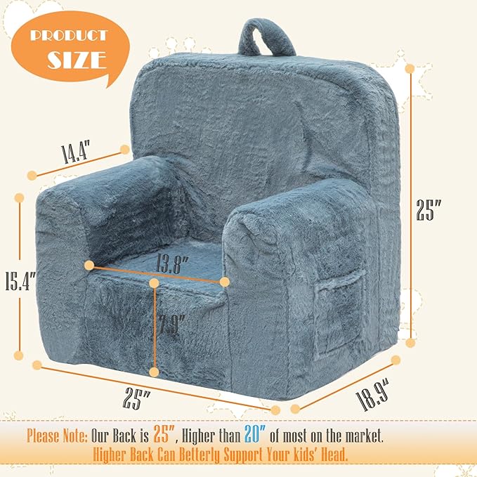 Snuggly-Soft Cuddly Toddler Plush Armchair for Boys and Girls Fuzzy Plush Kids Sofa Couch Reading Chair with Children Friendly Handle for Easy Movement & Double Pockets for Storage, Dark Grey