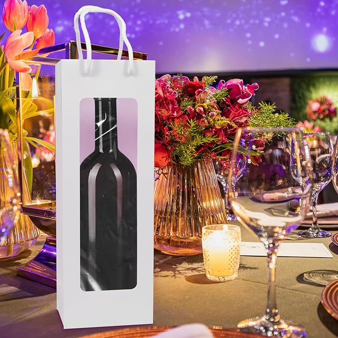 Cyblinia Wine Gift Bags Wine Tote Bags 20 Pack Paper Wine Bags with Window 4.9 x 3.4 x 14.2 Inch Wine Bottle Bags for Wedding, Birthday, Christmas Party Supplies