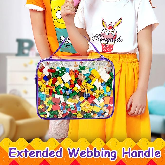 VERONLY 4 Packs PVC Toy Zippered Blocks, Travel Storage Case Bags for Organizing, Waterproof Toy Storage Bags with Mesh Pockets for Building Blocks, Puzzles, Clays,Toy Cars 11.8" Lx3 Wx9 H (Purple).