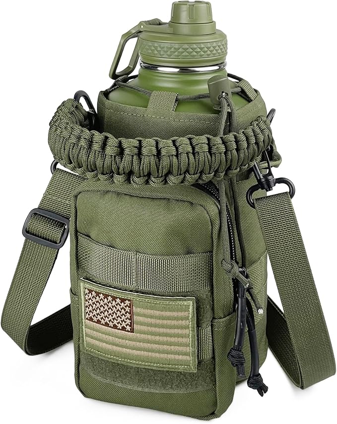 64 Oz Insulated Water Bottle with Sleeve (All Military Green) - Half Gallon Water Jug with Handle - Stainless Steel Sports Water Bottle for Gym Workout Hiking Tactical Bottle with Pouch