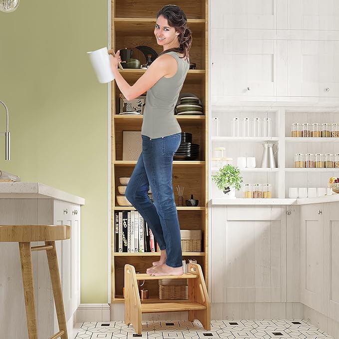 AMBIRD Wooden Step Stool, Two Step Stools Toddler 300 lbs Capacity with Safety Non-Slip Pads and Handles, Bamboo Step Stool for Bathroom, Kitchen Dual Height Step Stools for Kids (Natural)