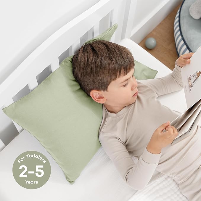 Comfy Cubs Toddler Pillow with Soft Cotton Pillowcase, 13"x18", Sage - Kids Pillow for Sleeping & Travel - Adorable & Comfortable Small Pillow - Kids Travel Pillow with Breathable Microfiber Fill