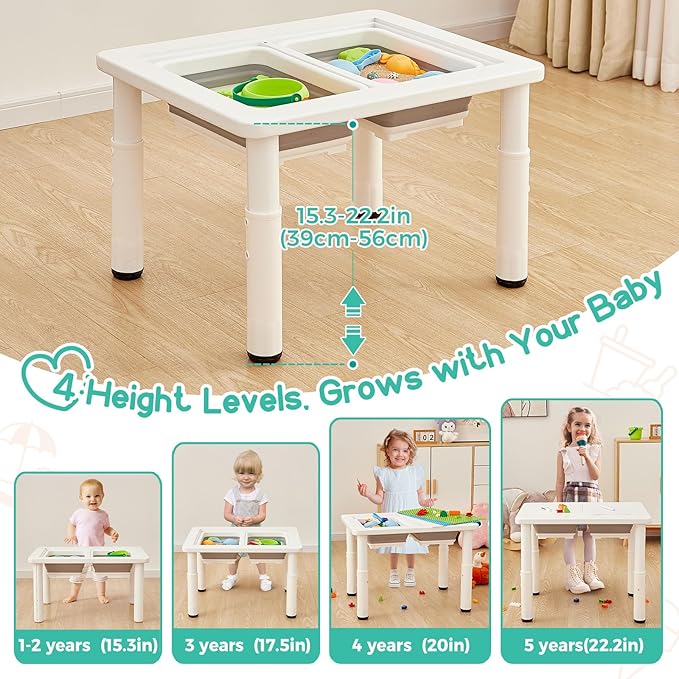 FUNLIO Wooden Sensory Table with 2 Bins for Toddlers 1-5, 4-Level Height Adjustable Kids Sensory Table with Anti-Warping Plywood Lid, Indoor/Outdoor Play Sand and Water Table, CPC Certified, White
