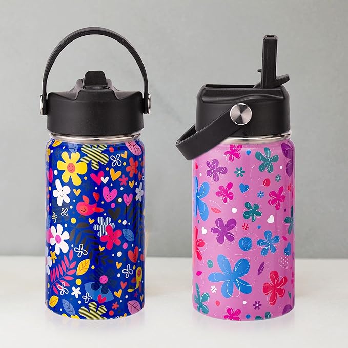Kids Insulated Water Bottle, 2 Pack 12oz Flower Water Bottles Bulk with Flip Straw & Big Handle, 18/8 Stainless Steel, Gifts for Kids Girls to School Travel Sports, Hands Wash Only, Pink & Blue