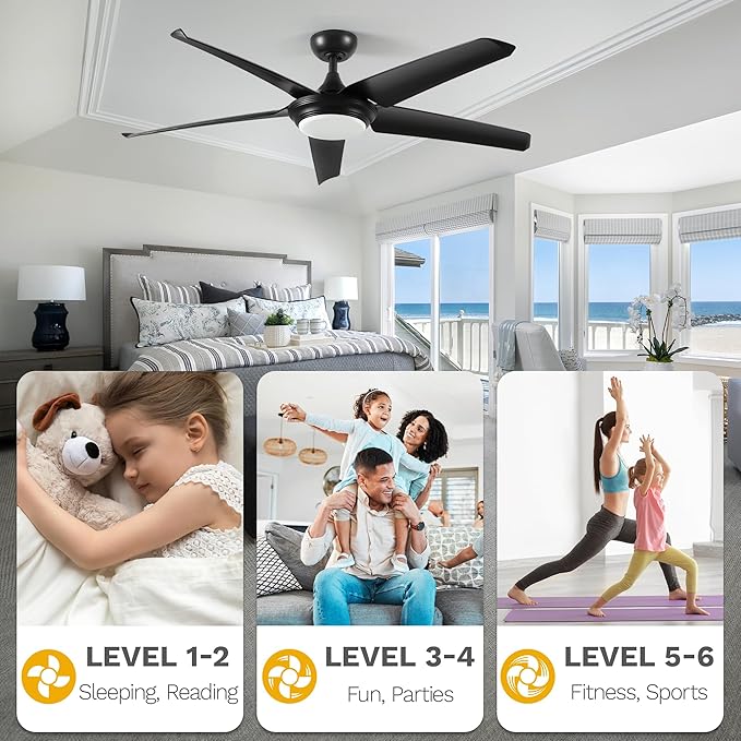 DWVO 56" Ceiling Fan with Light and Remote, Indoor Ceiling Fan Reversible Light Fixtures, 5 Blade Ceiling Fan with Memory 3 Color Temperature, 6 Speed Quiet DC Motor for Bedroom Living Room, Black
