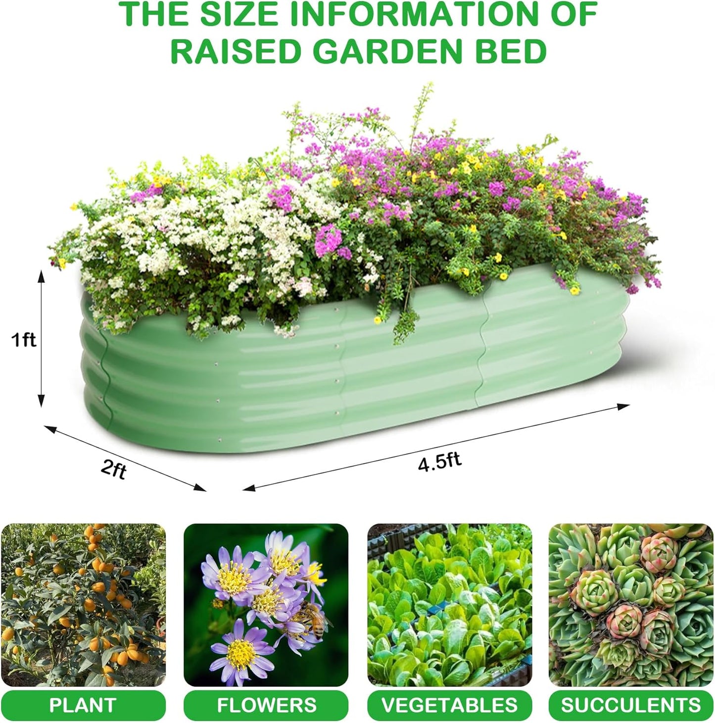 2 Pcs 4.5x2x1ft Oval Raised Garden Bed, Galvanized Raised Beds,Open-Ended Base Metal Raised Planter Beds,Garden Bed Outdoor,Planter Raised Boxes for Vegetables, Flowers,Tool-Free Asse,Green
