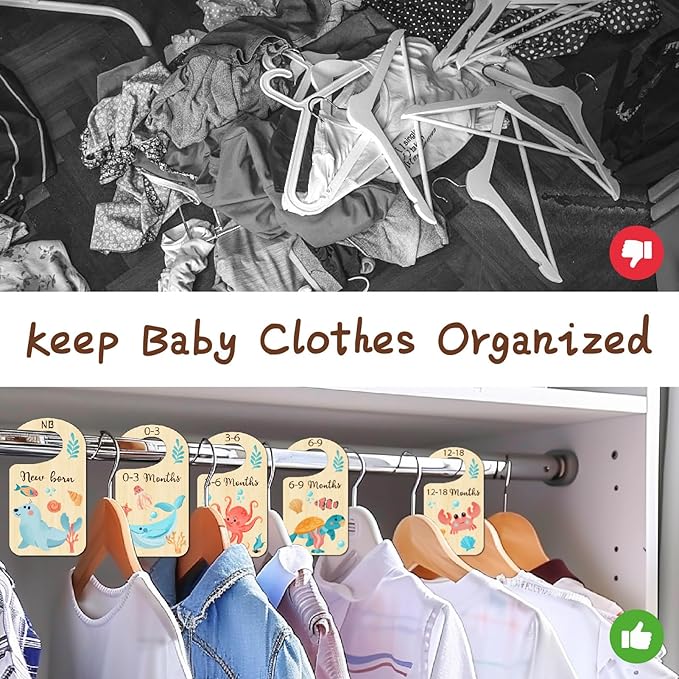 CRASPIRE 10Pcs Ocean Animal Wood Baby Wardrobe Dividers Clothes Size Dividers Closet Organizers Nursery Decor from Newborn to 36 Month Hanger Baby Infant Wardrobe Divider for Newborn Baby Shower