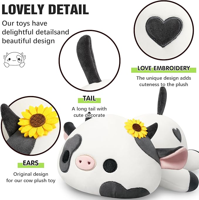 Onsoyours Cute Cow Plushie with Sunflower Headwear, Soft Stuffed Milk Cow Squishy Plush Animal Toy Flower Cow Pillow for Kids (Sunflower Cow, 12")