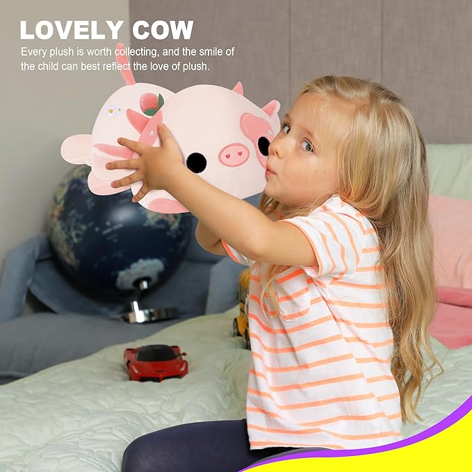 Onsoyours Cute Cow Plushie, Soft Stuffed Peach Cow Squishy Plush Animal Toy Flower Cow Pillow for Kids (Peach Cow, 12")