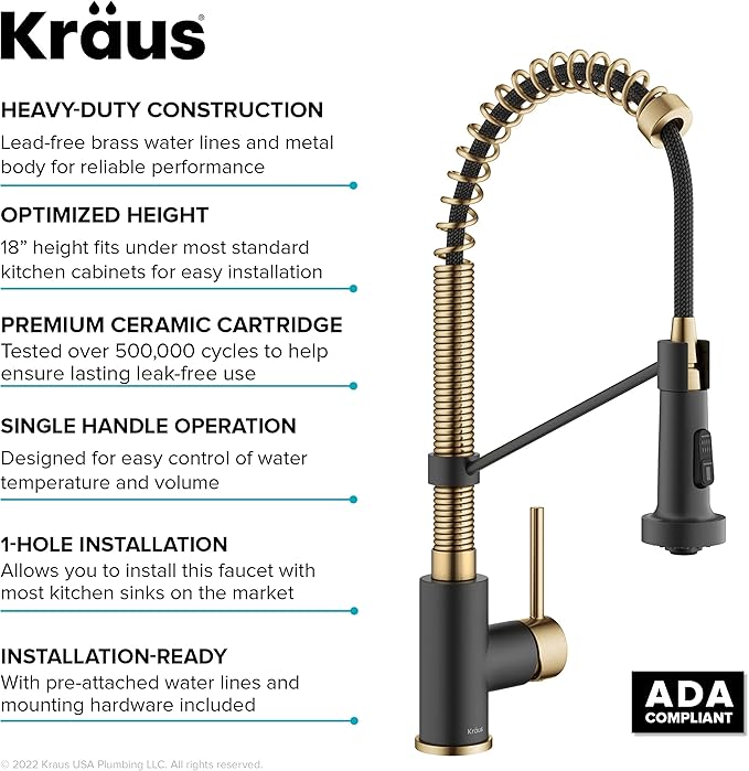 KRAUS Bolden Commercial Style Pull-Down Single Handle 18-Inch Kitchen Faucet in Brushed Brass/Matte Black, KPF-1610BBMB