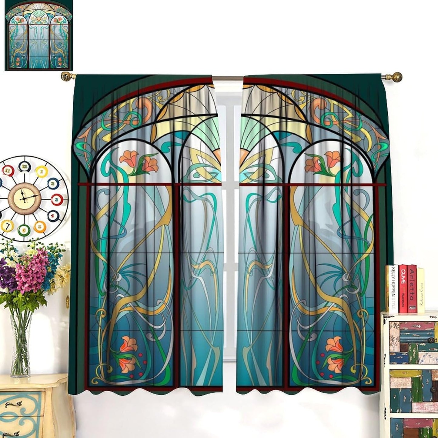 Stained Glass Curtains, Retro Mid Century Boho Abstract Art Home Decor Drapes for Bedroom Living Room Kitchen Window Treatment 2 Panels Set Total Size 84" W X 84" L Inch