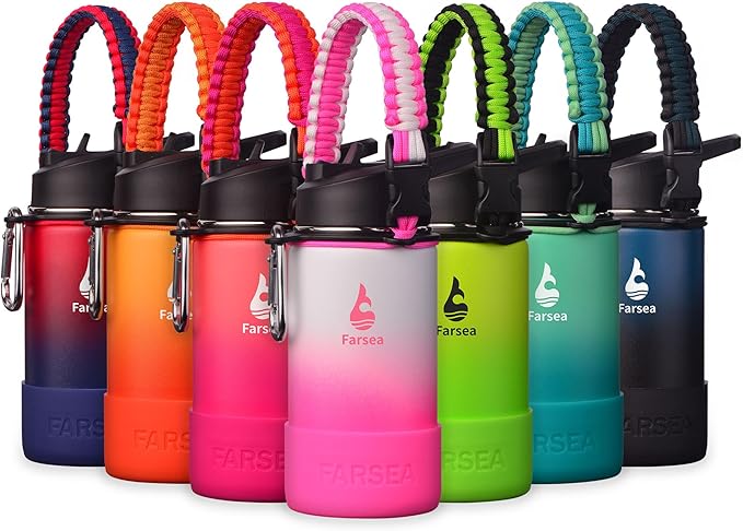 Farsea Insulated Water Bottle With Paracord Handle, Protective Silicone Boot and 2 Lids (Straw Lid & Spout Lid), Stainless Steel Water Bottle Wide Mouth, Double Wall Sweat-Proof BPA-Free,12 oz