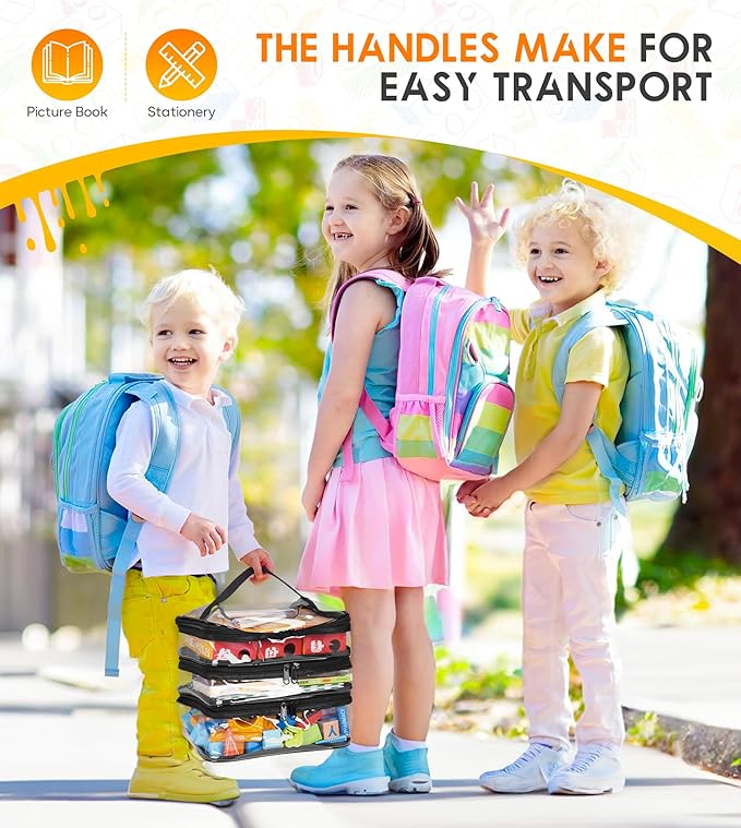 MISSLO 3-Layer Lego Storage Organizer with 3 Manual Pockets Clear Lego Storage Bag for Toys, Puzzles, Bricks, Building Blocks, Crafts (Black)