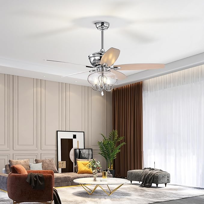 NicBex Ceiling Fan 52 Inch Classic Crystal Ceiling Fan with Lights Ceiling Fans with 5 Blades and Remote Control Ceiling Fan with Lamp Shade for Bedroom, Living Room, Silver