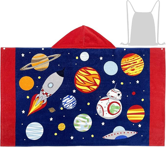 Beach Bath Towel with Hood for Kids Boys Girls 3 to 12 Years, Oversized 50"x30", Super Soft Absorbent Cotton for Bath/Pool/Beach Swim Cover-ups Bathrobe, Starry Sky with Drawstring Bag