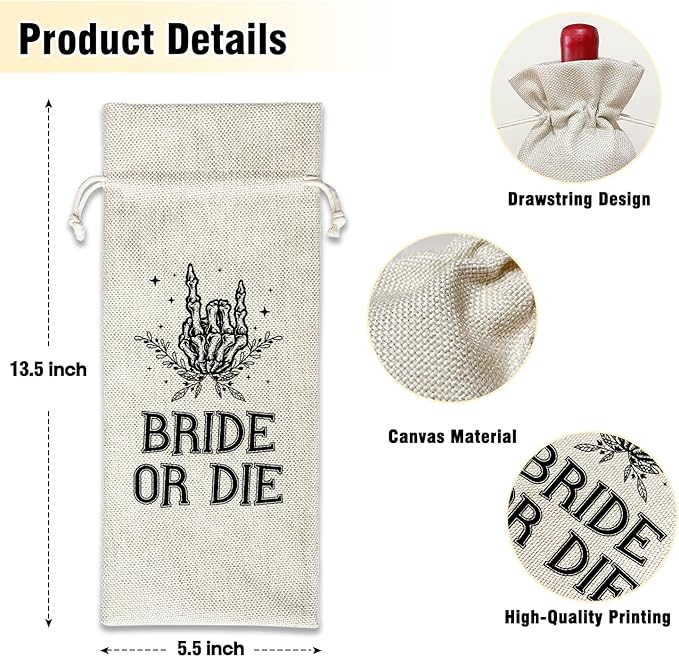 Bride or Die Wine - Wine Canvas Bag, Bachelorette Party Gift for Bride Bridesmaids Gifts Wine Bags for Wine Bottles, Skull Wine Gifts With Drawstring Engagement Bridal Shower Party Decoration -WB15